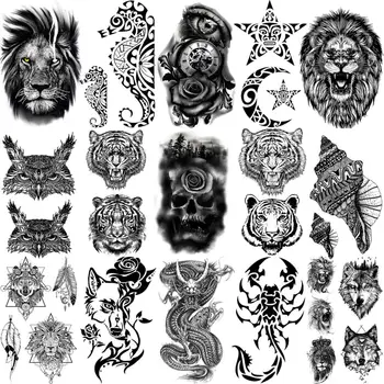 3D Черен Череп на Лъв, Тигър Временни Татуировки За Възрастни Мъже, Деца Звезда Дракон, Вълк Фалшиви Татуировки, Боди Арт Миещи Малки Татуировки