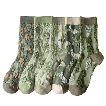 5 Двойки Женски Чорапи, Нов Комплект Чорапи в ретро стил Кънтри, Зелен, Есен, в Цветенце, Лека, Приятна за Кожата, Дишаща, Корейската Мода, Calcetines