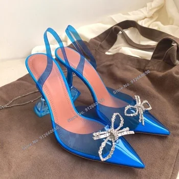 Abesire/Сини Прозрачни Сандали от PVC с украса във вид на Кристали и Banta, дамски Обувки на висок ток с остър Пръсти и Каишка Отзад на Сватбени обувки на токчета