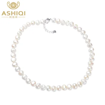 ASHIQI Бяла Естествена перла Барок колие Колие 9-10 мм Истински Сладководни перли бижута за жени е Модерен подарък