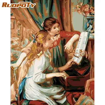 RUOPOTY Рамка за Картина с маслени бои от Номера Момиче свири на пиано САМ Боята По Номера Рамка Платно Картина Фигура Ръчно Рисувани Начало Декор
