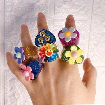 Vintage ръчно изработени САМ цвете пръстени за жени карикатура геометрия Реколта Харадзюку смола блестящи пръстени, бижута, естетиката на 90-те нова