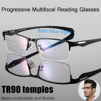 Автоматично Прогресивни Очила За Четене Мъжки Мультифокальные Анти-Сини Очила с Увеличение Ультралегкая Полукадровая дограма + 1,0- + 4,0