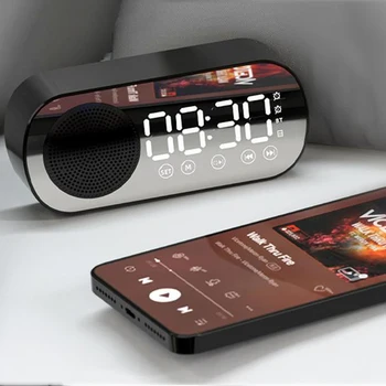 Безжичен Bluetooth-съвместими Високоговорител Led Огледален Дигитален Будилник FM Радио Голям Дисплей Батерия Спалня Хол Офис