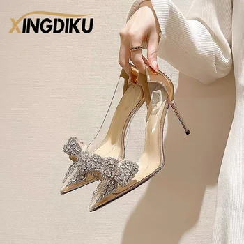 Дамски обувки на висок ток-висок ток с остър пръсти, модни дамски обувки, сватбени обувки на висок ток 8 см, прозрачен лък, скъпоценен камък