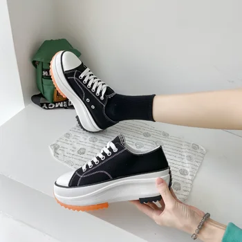 Дамски парусиновая обувки на платформа, Парусиновая модерни обувки за скейтборд, женски маратонки 2023, дамски парусиновая класически обувки за двойки дантела