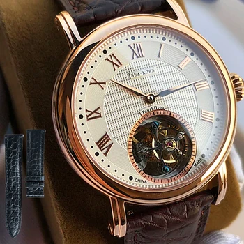 Истински Tourbillion Мъжки Часовник Seakors seagull механизъм ST8000 механичен мъжки часовник Rose gold ръчен часовник Кожа
