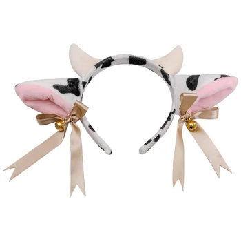 Карикатура плюшени панели с уши на крава със звънци лък от лента за коса обръч аниме Лолита Kawaii животно парти cosplay прическа