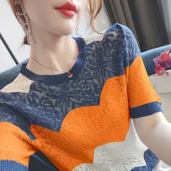 Куха дамска риза с къс ръкав 2021 лятото ново свободно палто голям размер в тон студентска корейската плетиво долната риза