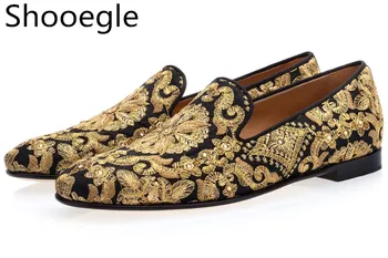 Модерен мъжки ежедневни Парусиновая обувки с ръчно изработени бродерии, златни обувки с Декорация във формата на кристали, удобни мъжки лоферы на равна подметка с цветя модел