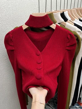 Червен пуловер, Вязаный пуловер, Дамски и многопластова риза с уникален V-образно деколте, къс топ за есента и зимата
