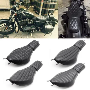 Четири нови черни мотоциклетни предните кожени възглавници за водача, двойни възглавници за седалки на Harley Sportster 48 XL883 72x48
